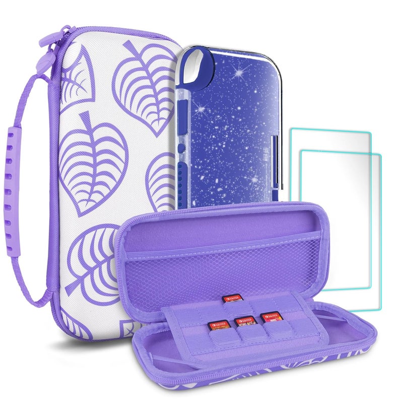 TIKOdirect Carrying Case for Switch lite, Shockproof Portable Travel Bag with Glitter Galaxy cover, Screen Protectors and Cute Leaf Thumb Grips Caps, Purple - Image 1
